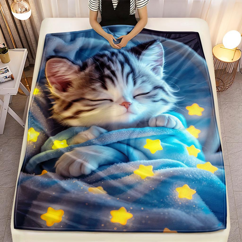 1pc Luminous Blue Star Cat Blanket - Soft Lightweight Flannel Throw, 3D Digital Printed, Tear-Resistant, All-Season Comfort for