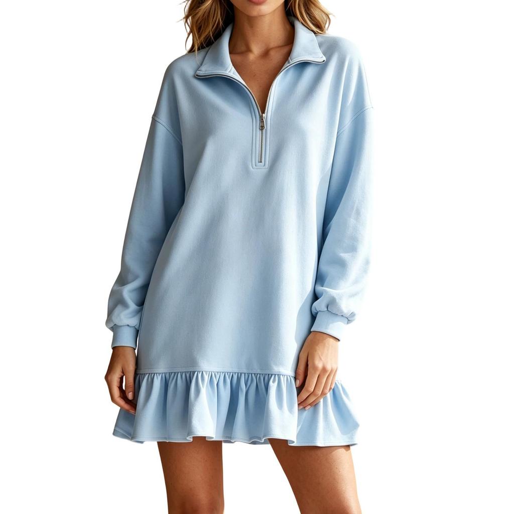 Women Autumn Winter Solid Color Half Zip Polo Collar Dress Soft Ruffle Hem Long‑Sleeve Loose Fashion Casual Inner Wear Mini Dress