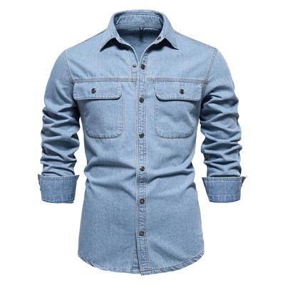 Autumn New Foreign Trade High-Quality Men'S Washed Denim Shirt Men'S Casual Cotton Long-Sleeved Shirt