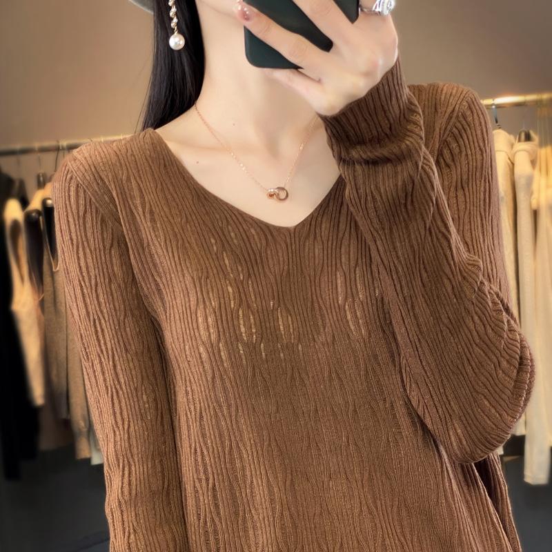 Neues V-Ausschnitt Hollow Bottoming Shirt Damen Pullover Kammgarnwolle leicht transparent lässig locker Pullover Top