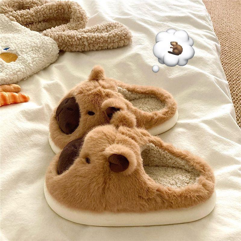 Couple Home Non-slip Plush Cotton Slippers Warm Cartoon Kapibara Ins Soft Bottom Thick Bottom Less Heart