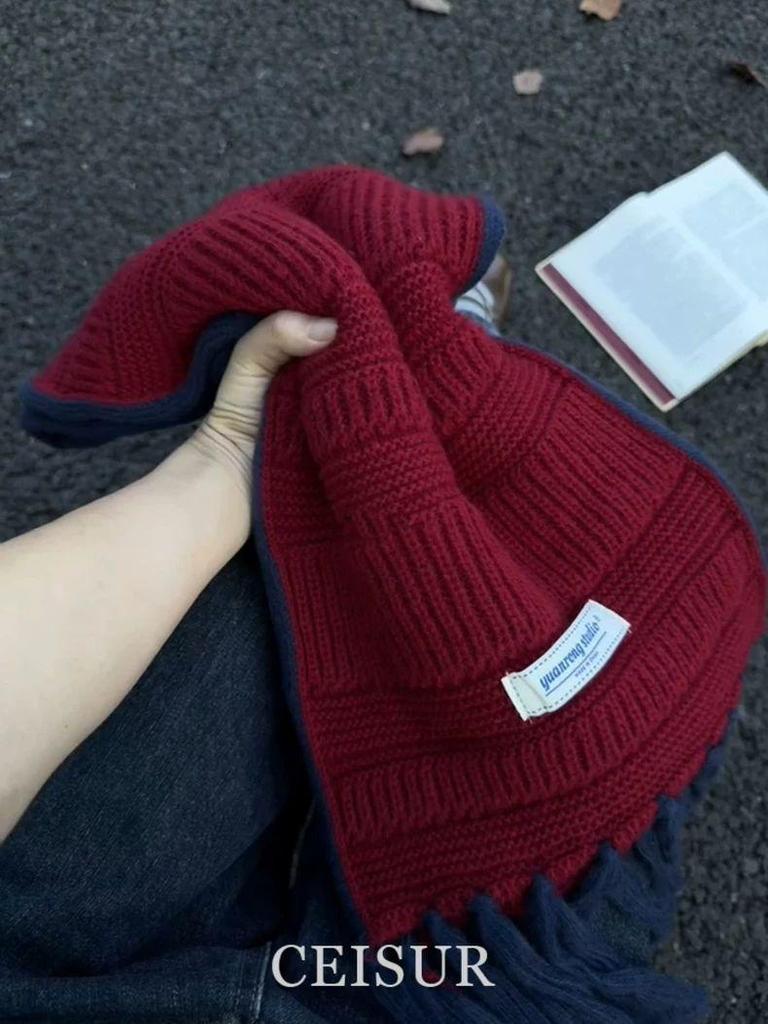 2025 Autumn/Winter Red Tassel Knitted Scarf: Women's Versatile High-End Whitening Neck Warmer & Shawl, Ideal Christmas Gift.