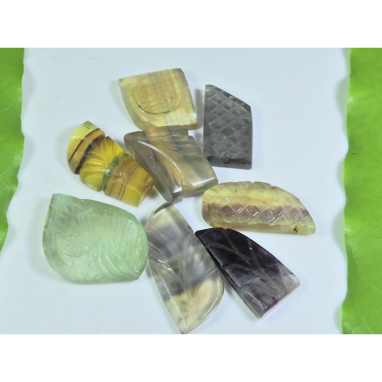 

Natural Fluorite Carving Multi Colour Fancy Cabochon Loose Gemstone 9Pcs Lot A-287