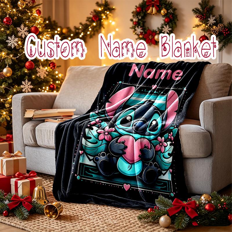 [Stitch Heartfelt Letter Blanket] Custom Name Throw Blanket for Bed Sofa, Holiday Gift Blanket for Family and Friend