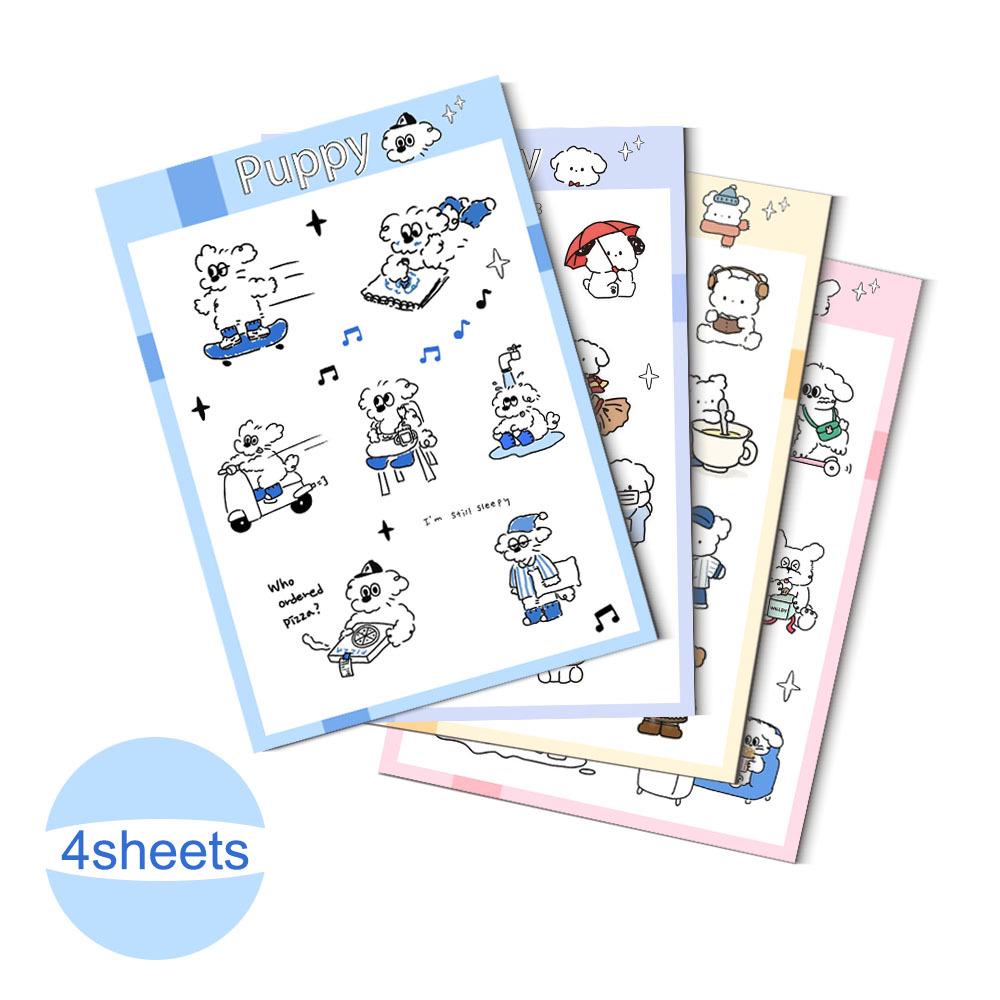 4 Sheets Blue Puppy Korean Ins Style Journal Stickers: Simple Cartoon Film Cut Decoration