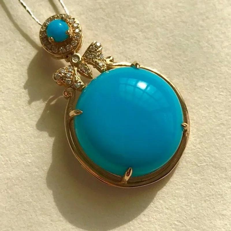 Retro Exquisite Blue Butterfly Circular Pendant Design Court Style Turquoise Necklace Inlay Diamonds Banquet Fine Jewelry