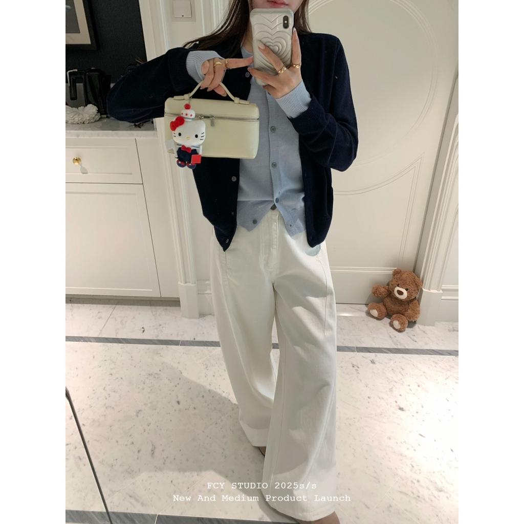 Korean Retro White Navy Blue Fake Two-piece Long-sleeved Knitted Cardigan Women's Early Autumn Versatile Fashion Sweater Jacket