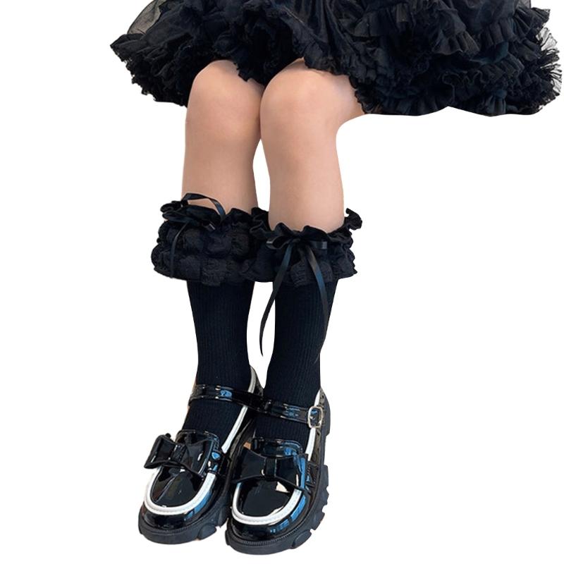 Breathable Cotton Hosiery Socks for Girls Toddler Stretchy Knee High Socks Puff Edge Lace Bows Socks for Autumn Spring