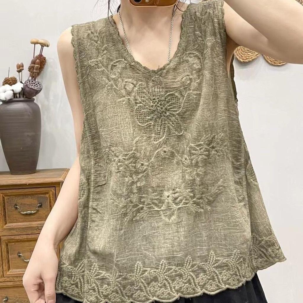 Canotta da Donna in Cotone e Lino con Fiore Ricamato Top Estivo