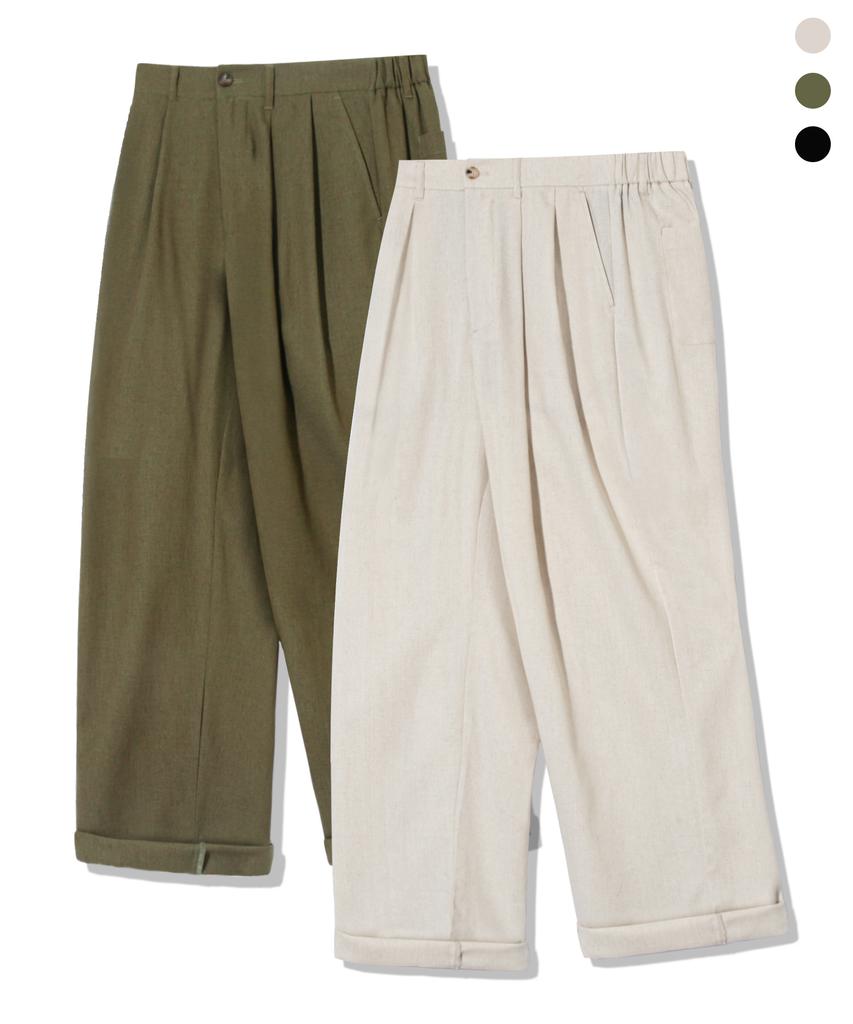 TRILLION Double-Pleat Tapered Linen Wide Elastic Waist Pants_3Color