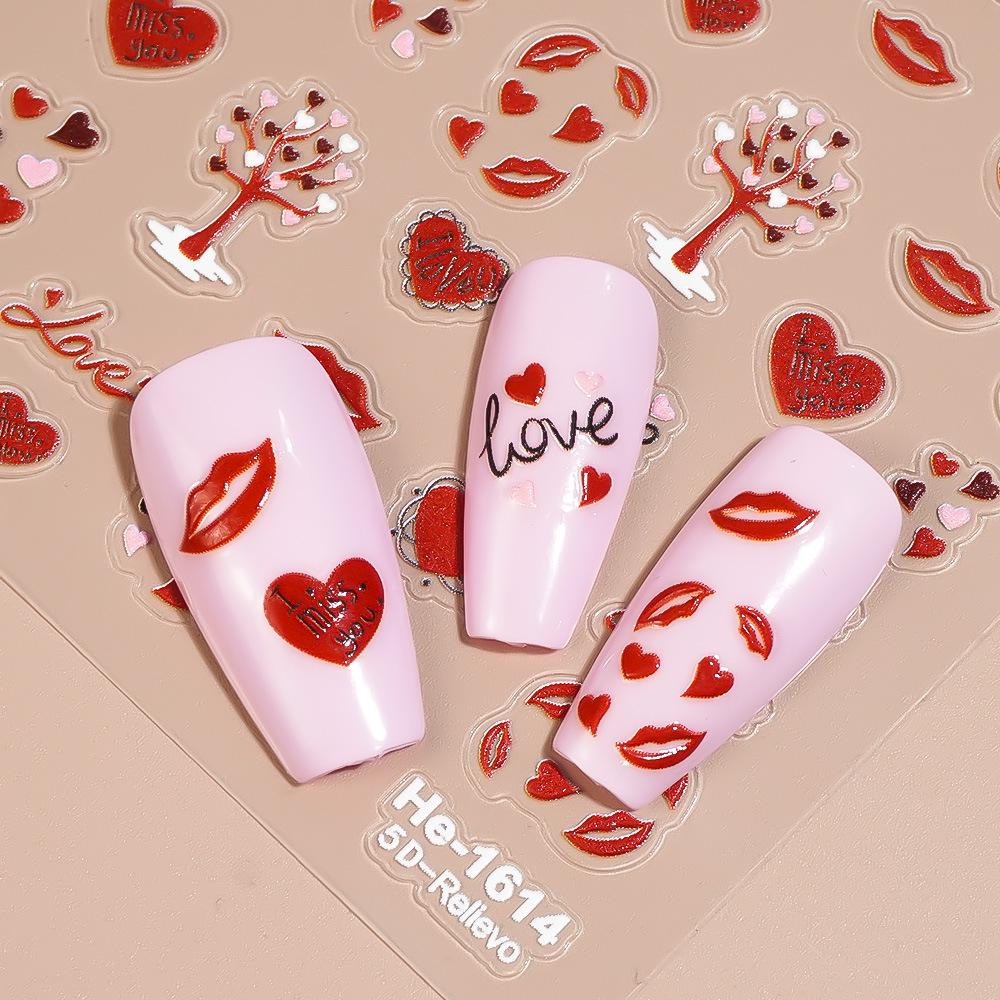 Redanco 5D Valentine's Day Fiery Red Lips Embossed Nail Stickers - He1616