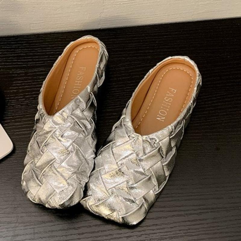 Fashion Spring New, Style Flat Sandals for Women Fashion Square Head Mid-mouth Woven Soft Sole Anti-slip Wear-resistant Slippers