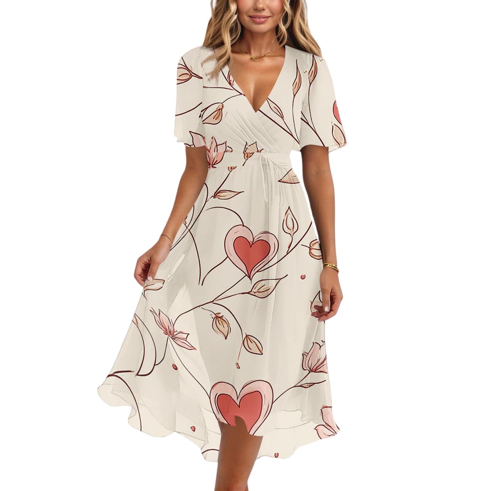 

Women Casual V Neck Short Sleeve Floral Print Dress Midi Length Wrap Style Summer Dress for Daily Wear XXL