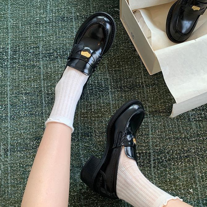 Sheepskin grape ma same British round head gold coin genuine leather thick sole one pedal thick heel loafers women's jk small leather shoes