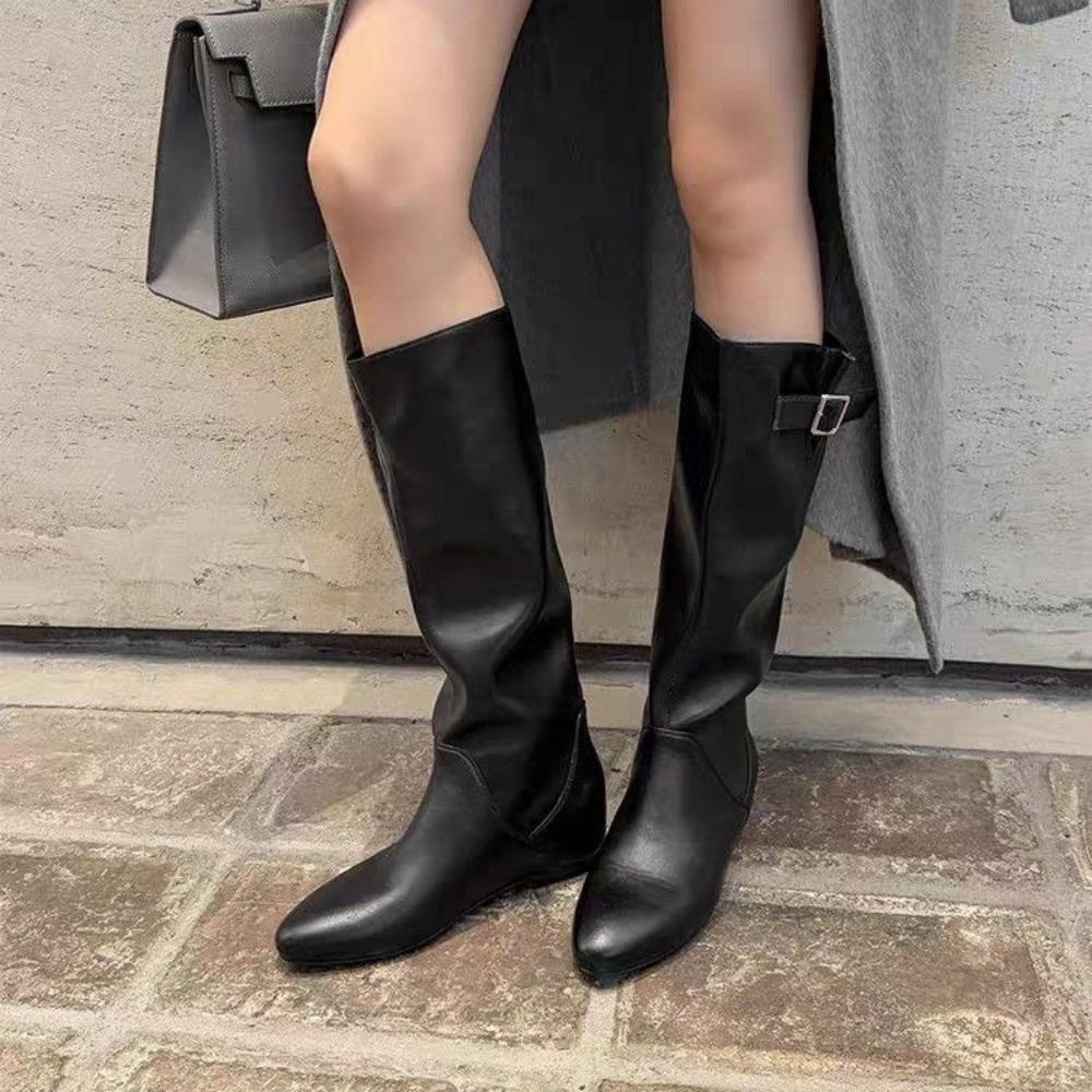 Fashion Medium Boots Women Winter Retro Inner Heightening Folds Piled Shoe Round Head Low Heel Belt Buckle Knight Boots Long Shoes Women