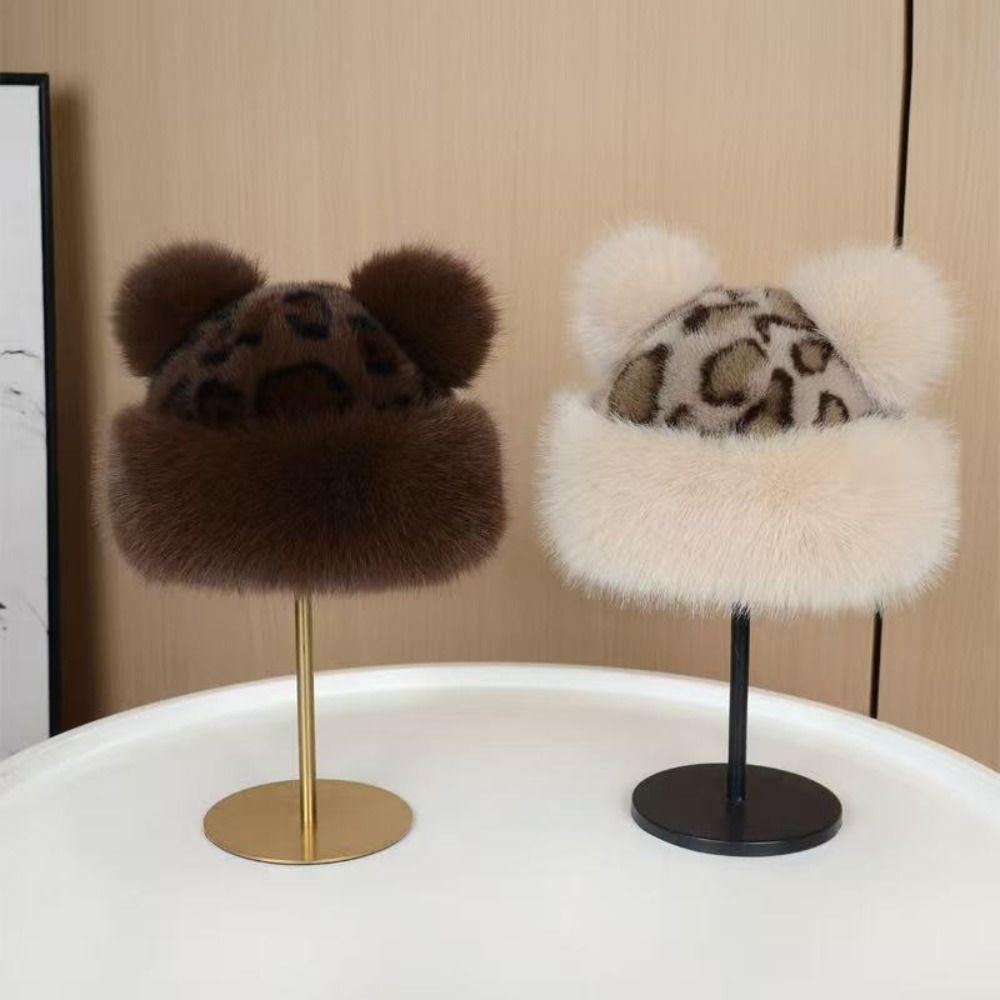 Warm Cap Leopard Print Bucket Hat Korean Style Mink Fur Fisherman Hat Autumn and Winter