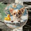 2D Flat, 1pc Round Aluminum Cute Chihuahua Bathing Metal Sign, Funny Dog with Rubber Duck & Bubbles Vintage Wall Plaque, Perfect for Bathroom, Pet