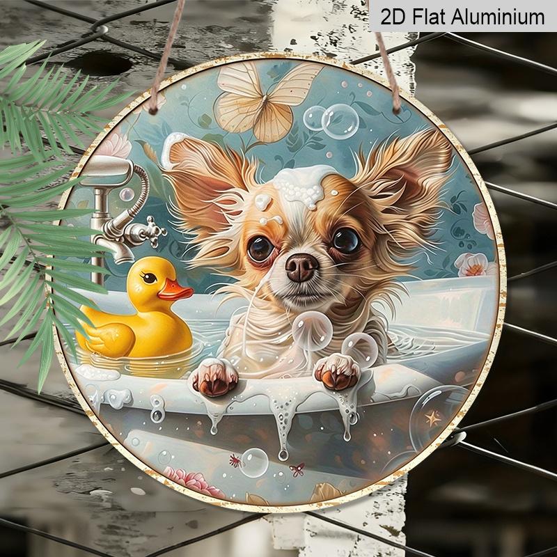 2D Flat, 1pc Round Aluminum Cute Chihuahua Bathing Metal Sign, Funny Dog with Rubber Duck & Bubbles Vintage Wall Plaque, Perfect for Bathroom, Pet
