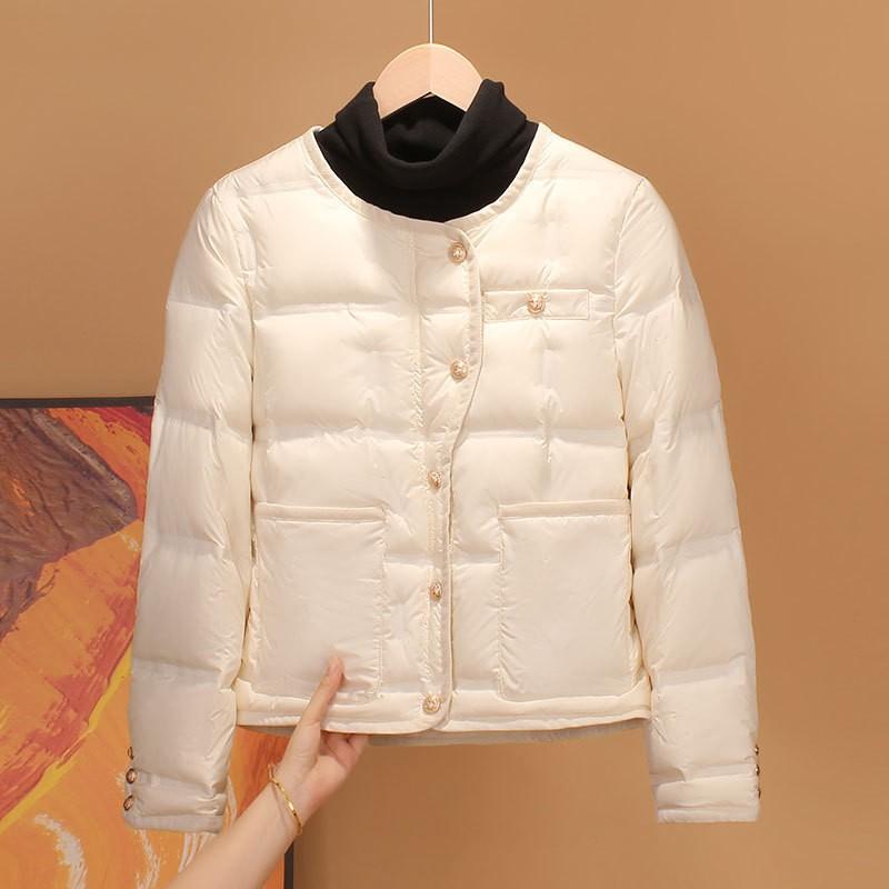 Womens Lightweight Down Inner Layer Jacket Slim Fit Long Sleeve Round Neck Short Length No Collar