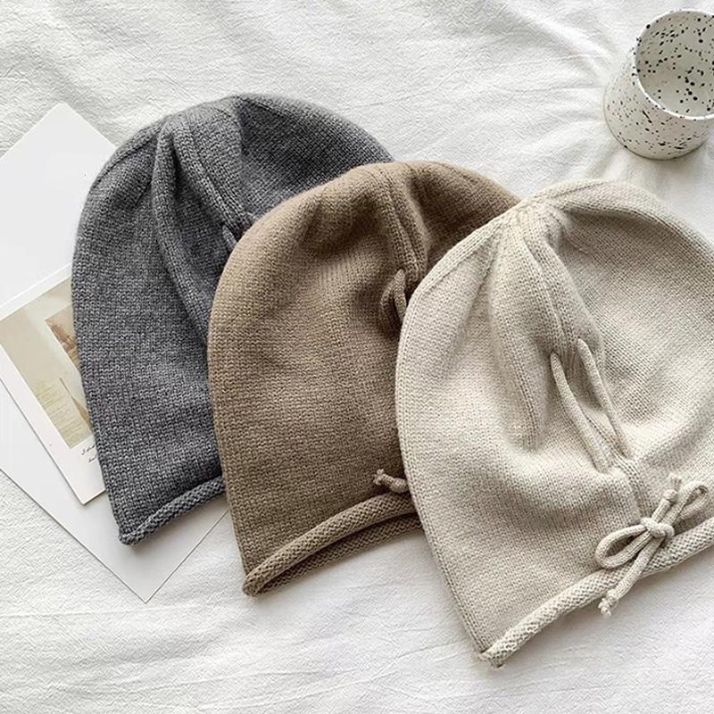 Big Head Circumference Drawstring Stacked Hat Women's Fall And Winter Show Face Small Warm Knitted Cap Wrapped Head Wool Cap
