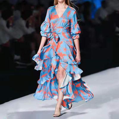 Women's Summer V-Neck Bubble Sleeve High Waist Tie Ruffle Irregular Print Dresses