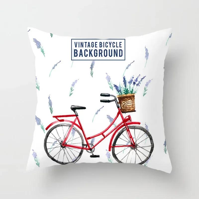 Kissenbezug für Wohnzimmer und Schlafzimmer, Polyester-Kissenbezug mit Blumen- und Fahrradmuster, Kissenbezug, Funda de Almohada