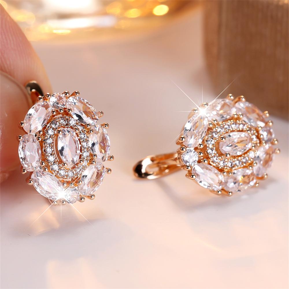 Luxury Crystal Oval Stone White Zircon Hoop Earrings For Women Vintage Gold Color Ear Buckle Wedding Jewelry Versatile Gifts