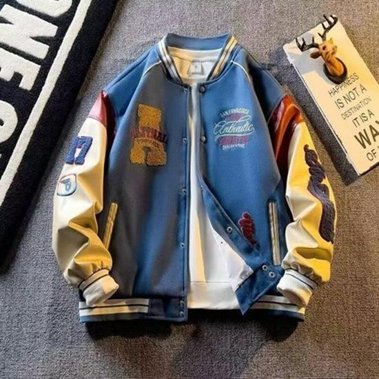 Herren Trendy Bestickte PU-Leder Patchwork Baseballjacke - Cooler High Street Pilot Stil für Frühling und Herbst