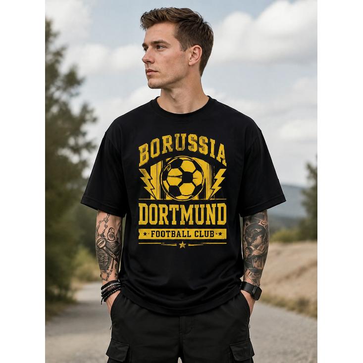 Men's Black Short Sleeve T-shirt with Borussia Dortmund Football Club Graphic, Crew Neck, Relaxed Fit, Soft Cotton Feel, Vintage Sports Design for