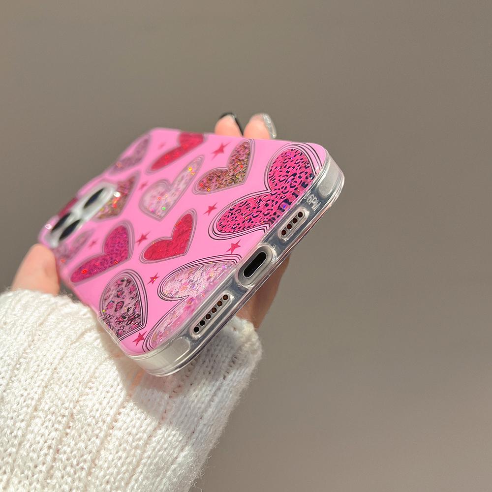 Trendy Love Heart Leopard Glitter Pink Phone Case for IPhone 13 14 15 16 17 Pro Max 15pro Shockproof Soft  Bling Cover