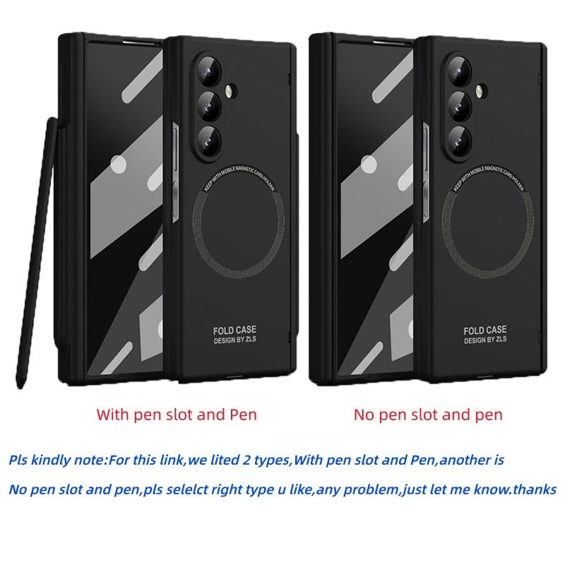 Magnetic Matte PC Hinge Protection Full Body Hard Pen Slot Case & Pen for Samsung Galaxy Z Fold7 / Z Fold6 5 With Tempered Glass