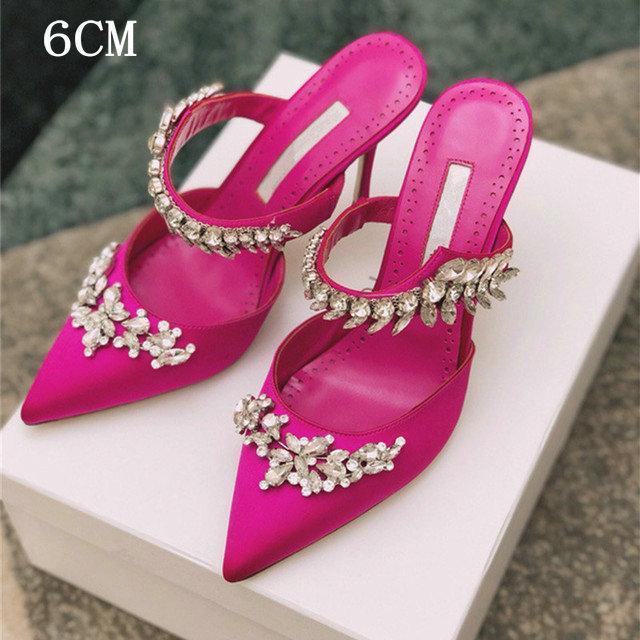 Fashion Couture! French Pointed Flat Sandal Rhinestone Goddess Fan Niche Design Sense High Heel Half Drag