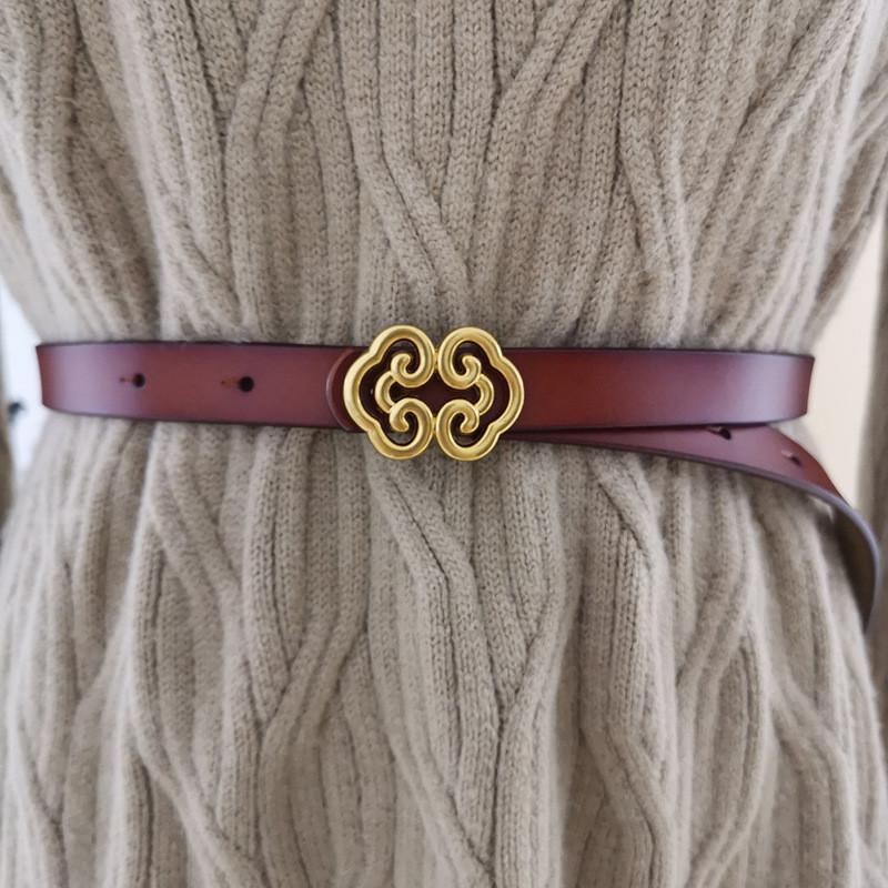 Female Genuine Leather Skinny Belt For Dresses And Tops With Pushbutton Closure For Daily Fashion