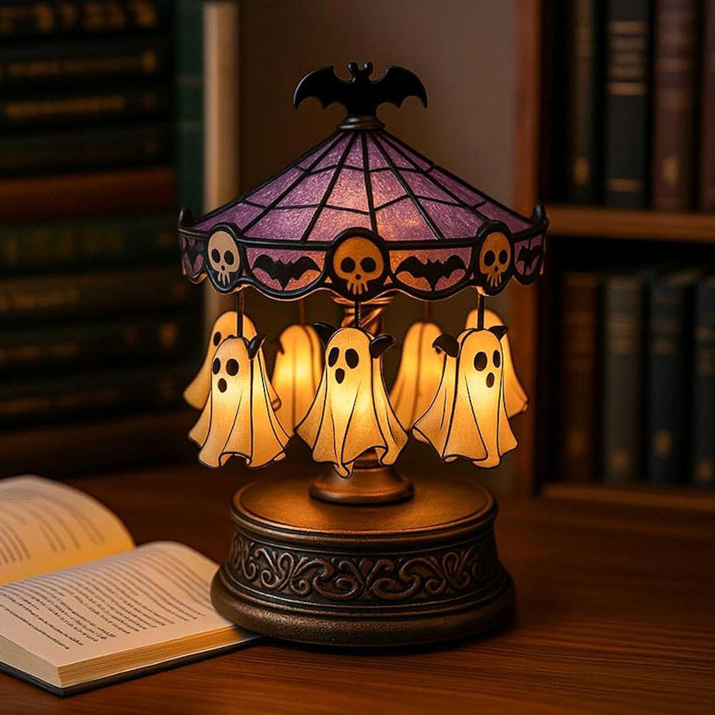 Halloween Ghost Carousel Night Light Vintage Lamp Stained Glass Carousel Night Light for Bedroom Home Kitchen Mantel Tabletop