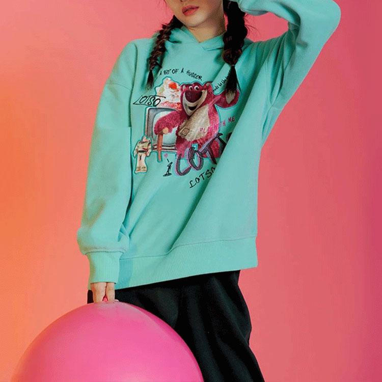 Li-Ning X Disney Toy Story Strawberry Bear Series Plush Loose Pullover Hoodie Women Tops Pool-Blue AWDR760-1