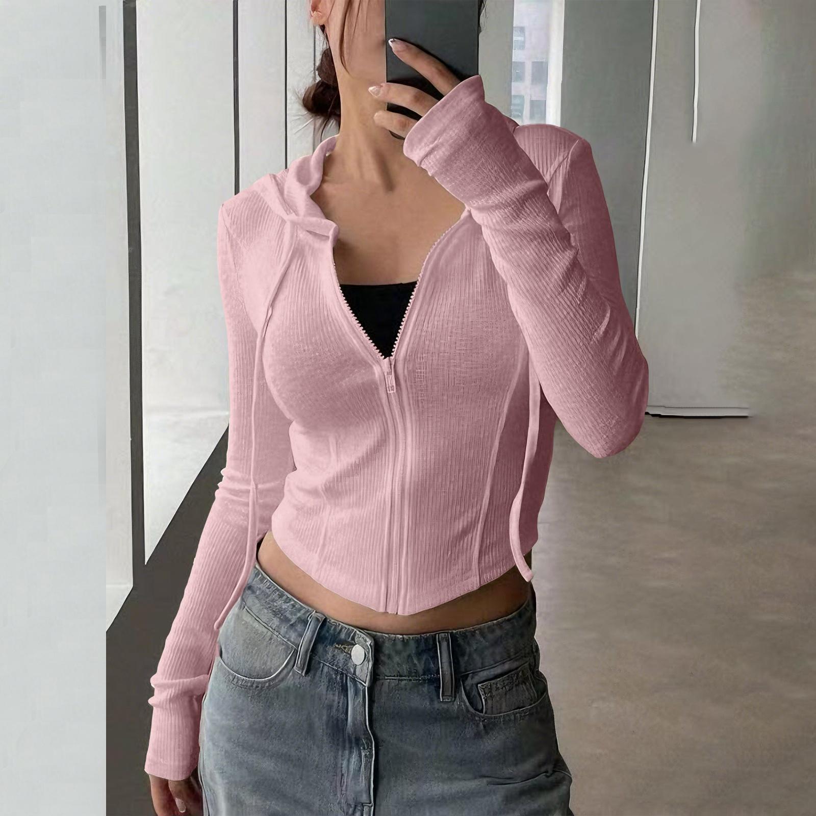 

Women s Slim-Fit Cropped Knit Hoodie - Sporty Casual Top XL розовый