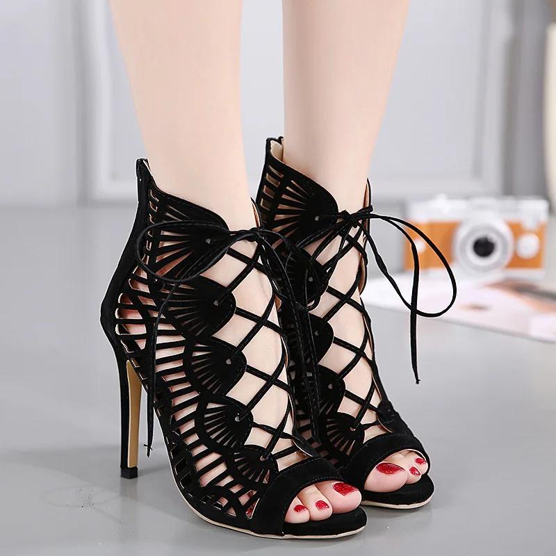 Gladiator Roman Summer Sandals Cross-tied Boots Women New Sexy Hollow Peep Toe High Heels Shoes Woman Stiletto 2025 Jkm