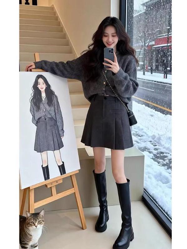 Women's High-Waist Wool Pleated Skirt - Autumn Winter Slim A-line, Anti-Exposure, Casual Short Skirt