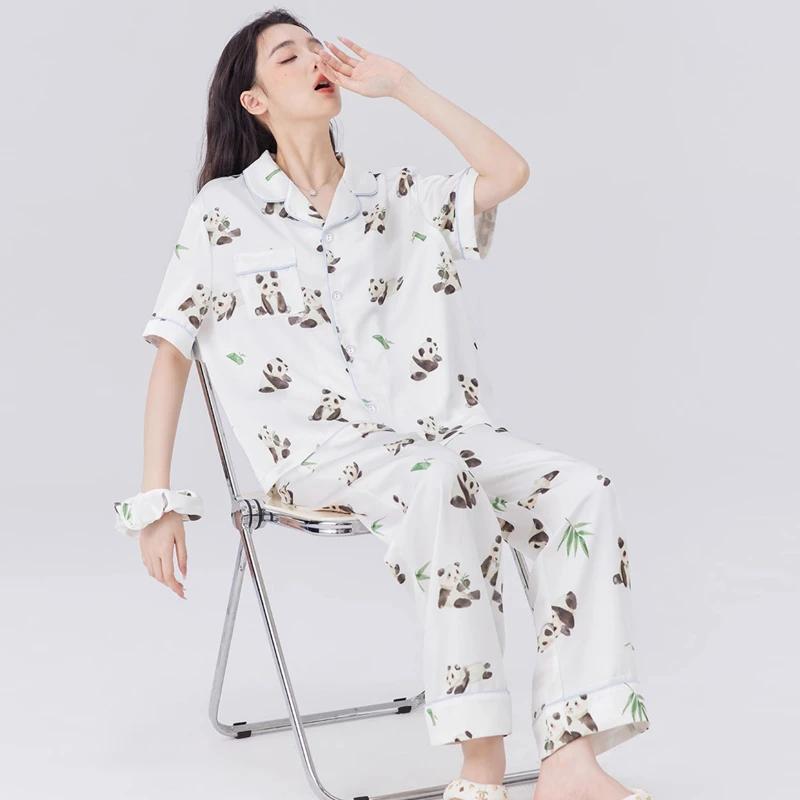 Dámské pyžamo v čínském stylu s kresleným potiskem pandy a bambusu, sladké a roztomilé noční oblečení, letní klasické domácí oblečení na spaní