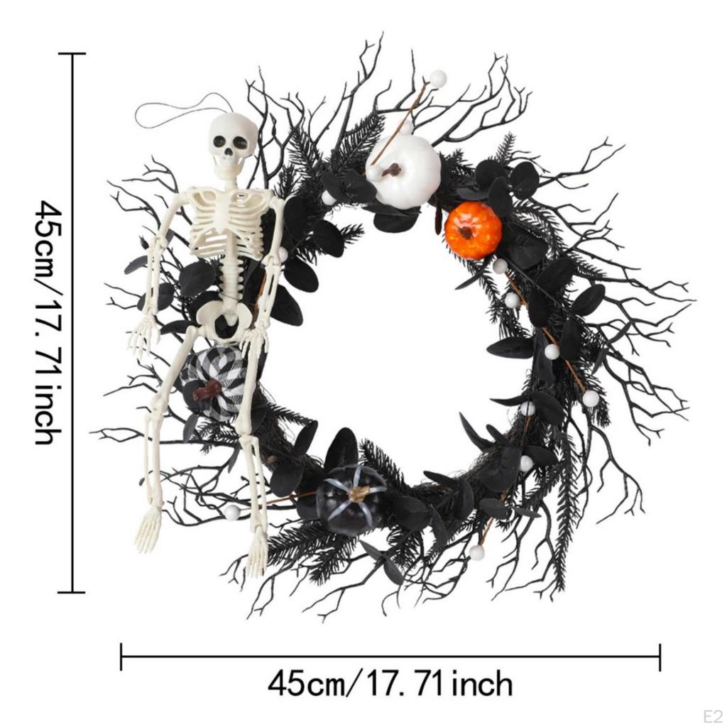Easy Setup Wreath with Skeleton | Black Artificial Foliage, Lightweight Hanging Construction,