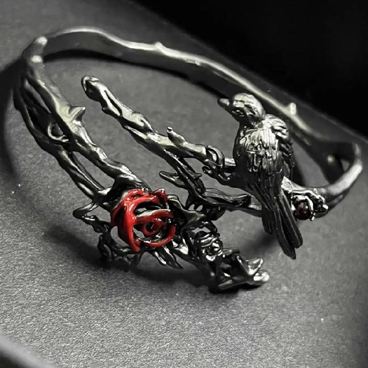 Elegant Floral Adjustable Metal Bracelet Dark Theme Crow Rose Designs Versatile Gothic Accessory