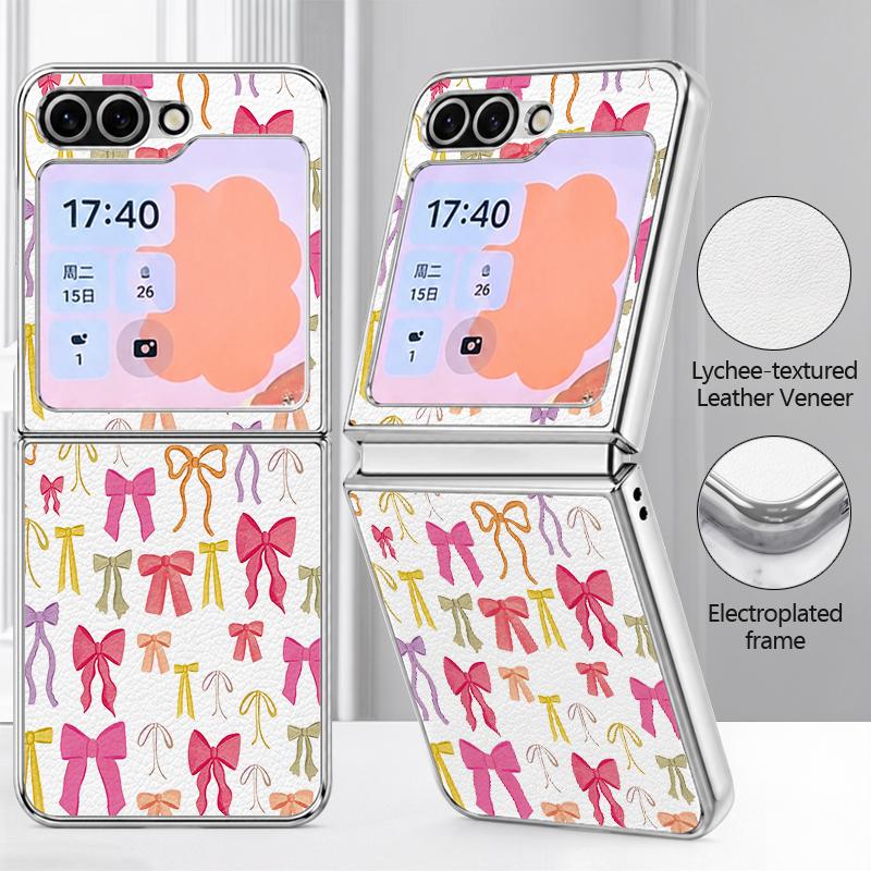 Pink Bowknots Print Case For Samsung Galaxy Z FlIP 7 FE 6 5 Z Flip7 Flip6 Flip5 Luxury Plating PC+PU Leather Hybrid Folding Phone Cover