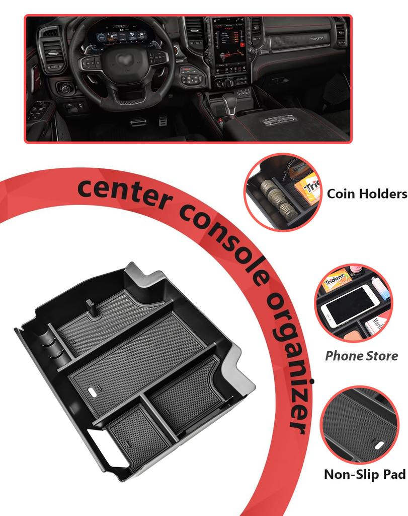 Center Console Organizer for Dodge RAM TRX 2025 2025 2025 2020 2019 Armrest Tray Car Storage Box ABS Car Storage Accessories