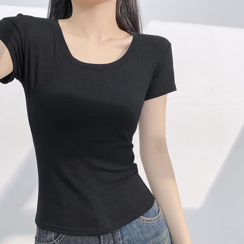 Women's Summer Slim Fit Pink U-Neck T-Shirt - Versatile & Stylish Short Sleeve Top
