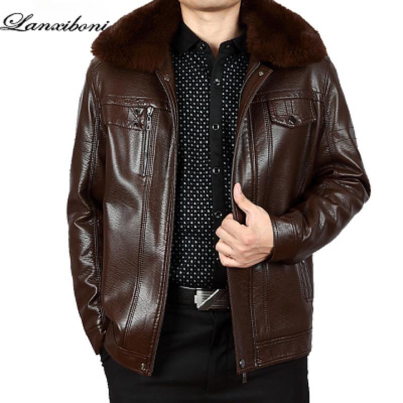 Tátova kožená bunda plus sametová bunda pro muže středního věku kožená bunda zimní zateplená volná střední kožená bunda pro muže