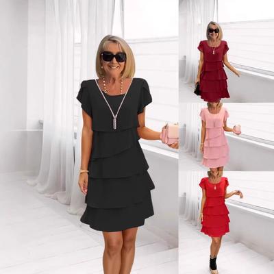 New Summer Short-sleeved Cake Skirt Solid Color Crew Neck Dress for Women