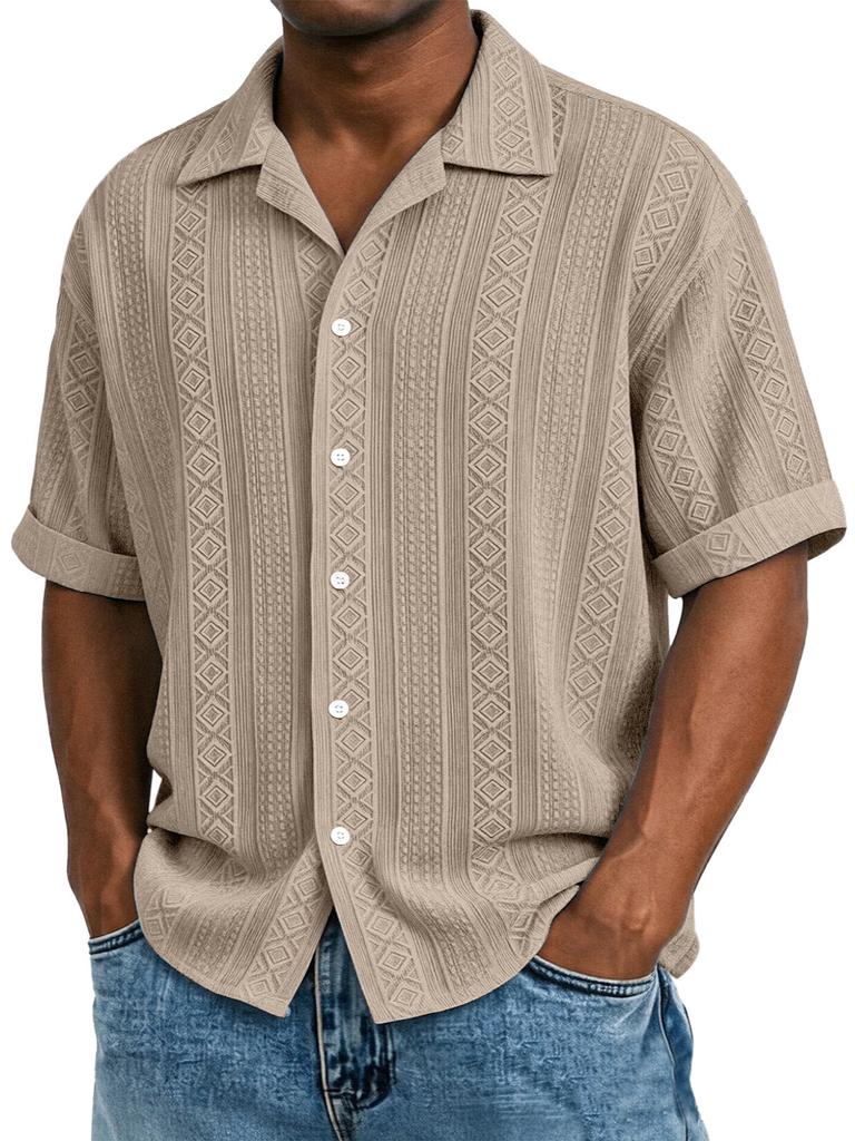 Mens Jacquard Short Sleeve Casual Loose Lapel Solid Vacation Beach Shirt