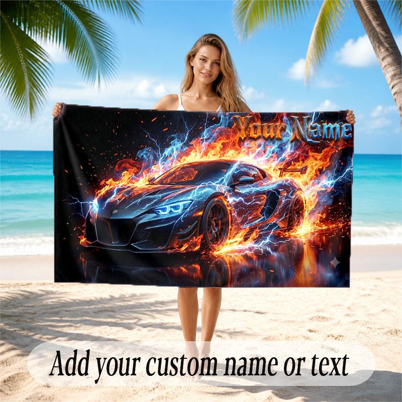 Car Racing Theme Beach Towel Personalized Custom Name & Text Soft Quick Dry Beach Towel for Swimming Travel