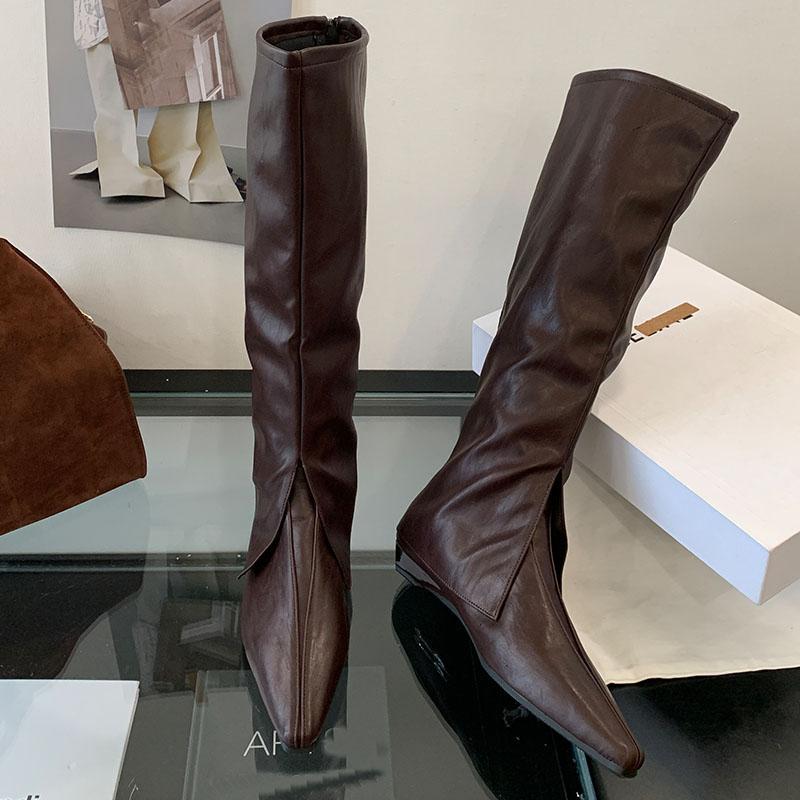 Mote Ny Mote Spiss Tå Dame Knehøye Støvletter Med Lav Hæl Sko Kvinnelig Glidelåser Fottøy Western Damer Lange Ankelstøvletter Sko