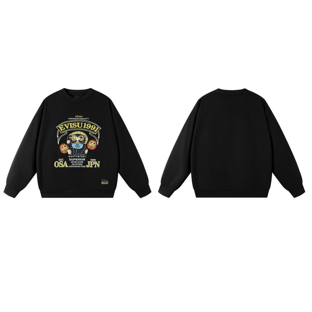 Fukujin EVISU2025 Unisex Round Neck Hoodie - Trendy Cotton Streetwear Pullover with Print